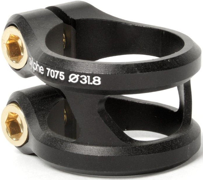 The Ethic DTC Sylphe V1 2 Bolt Standard Stunt Scooter Clamp - Black by Ethic is a lightweight black aluminum clamp featuring two gold hex bolts and "7075 Ø31.8" labeling on the side, commonly used for securing parts on stunt scooters or bikes.