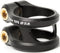 The Ethic DTC Sylphe V1 2 Bolt Standard Stunt Scooter Clamp - Black by Ethic is a lightweight black aluminum clamp featuring two gold hex bolts and "7075 Ø31.8" labeling on the side, commonly used for securing parts on stunt scooters or bikes.