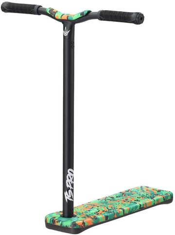 The Blunt Envy TS Pro 6 Indoor Trampoline Stunt Scooter in Orange Camo features a black T-bar handle, a green camouflage deck accented with orange and yellow, and black grips. This sleek and modern scooter is ideal for mastering tricks and stunts, offering a customizable scooter bar that provides versatility for both novice riders and professionals alike.