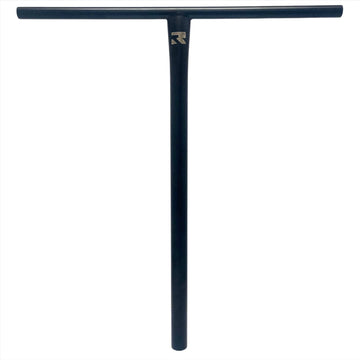 The Root Industries AIR Titanium Oversized HIC Stunt Scooter T-Bars in black, measuring 690mm by 600mm, feature a logo in the center against a white background and are made of durable Titanium.