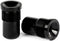 Two black cylindrical metal objects with threaded midsections are displayed—one upright, the other lying horizontally to reveal engraved text on its flat end. Both feature a flared rim and a glossy, smooth finish. These Ethic DTC Handlebar Balance Point Modulation - 150g bar ends by Ethic are expertly crafted to provide riders with exceptional durability and precise balance point modulation.