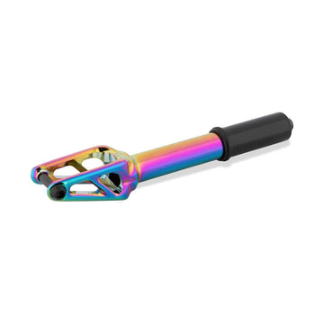 The Drone Aeon 3 Feather-Light IHC Stunt Scooter Forks by Drone is a vibrant neochrome creation, expertly crafted from lightweight 7075-T6 aluminium. It boasts a sleek, multi-toned design with shades of purple, blue, and yellow on the top and a smooth black cylindrical base.
