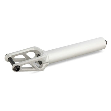 The image displays the Drone Aeon 3 Feather-Light SCS Stunt Scooter Forks in silver, known for their lightweight design, with a cylindrical tube and open triangular side cutouts. Ideal for the Drone Aeon 3 stunt scooter, this fork is set against a white background.