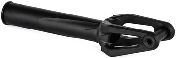 The Ethic DTC Merrow V3 8/12STD SCS Stunt Scooter Forks in black offer a modern, sleek design with a cylindrical tube and open forked end for wheel attachment—ideal for stunt scooters from Ethic.