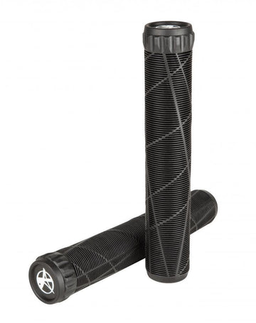 Two Addict OG Black Stunt Scooter Grips (180mm) made from super soft TPR feature diagonal textures. One grip stands upright, the other is horizontal, both showing end caps with a white Addict logo for comfort and style.