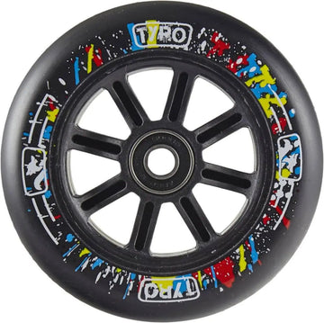 The Longway Tyro 110mm Nylon Core Scooter Wheel - Black by Longway features a nylon core, central bearing, "TYRO" printed twice on the edge, and splatters of white, red, yellow, and blue paint.