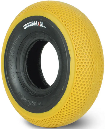 The Wildcat Original Pro 10" Mini BMX Tyre Dog Toy features a gum yellow honeycomb pattern, black ring with "ORIGINALE" label, and is designed by Wildcat for chewing durability.