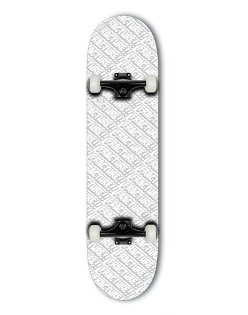 The Fracture All Over Comic White Complete Skateboard (8.25" x 31.75") by Fracture features a white Canadian maple deck covered in bold "FRAGILE" text, silver trucks, and white wheels.