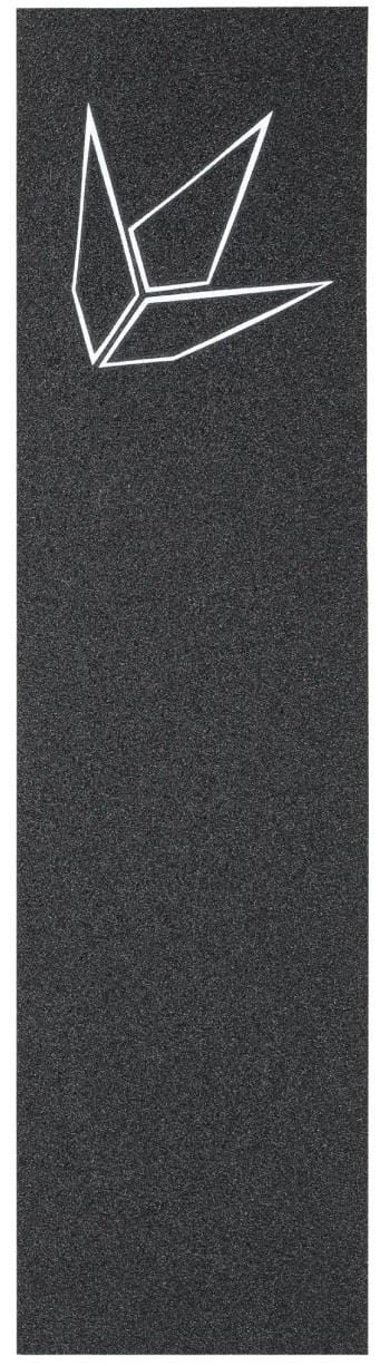 The Blunt Envy High Grit Stunt Scooter Griptape features a minimalist design with a white geometric graphic resembling an angular leaf on a textured black background.