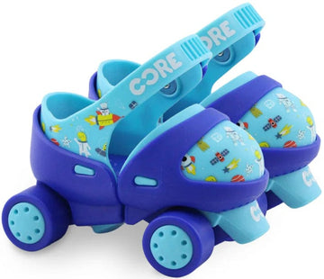 A pair of vibrant CORE Kids Stomp & Roll Adjustable Learner Skates - Blue features blue wheels and adjustable straps. The boot area is embellished with multicolored designs and proudly displays the "CORE" logo. These skates, positioned side by side, are ideal for fun and learning in all Three Learner Modes.