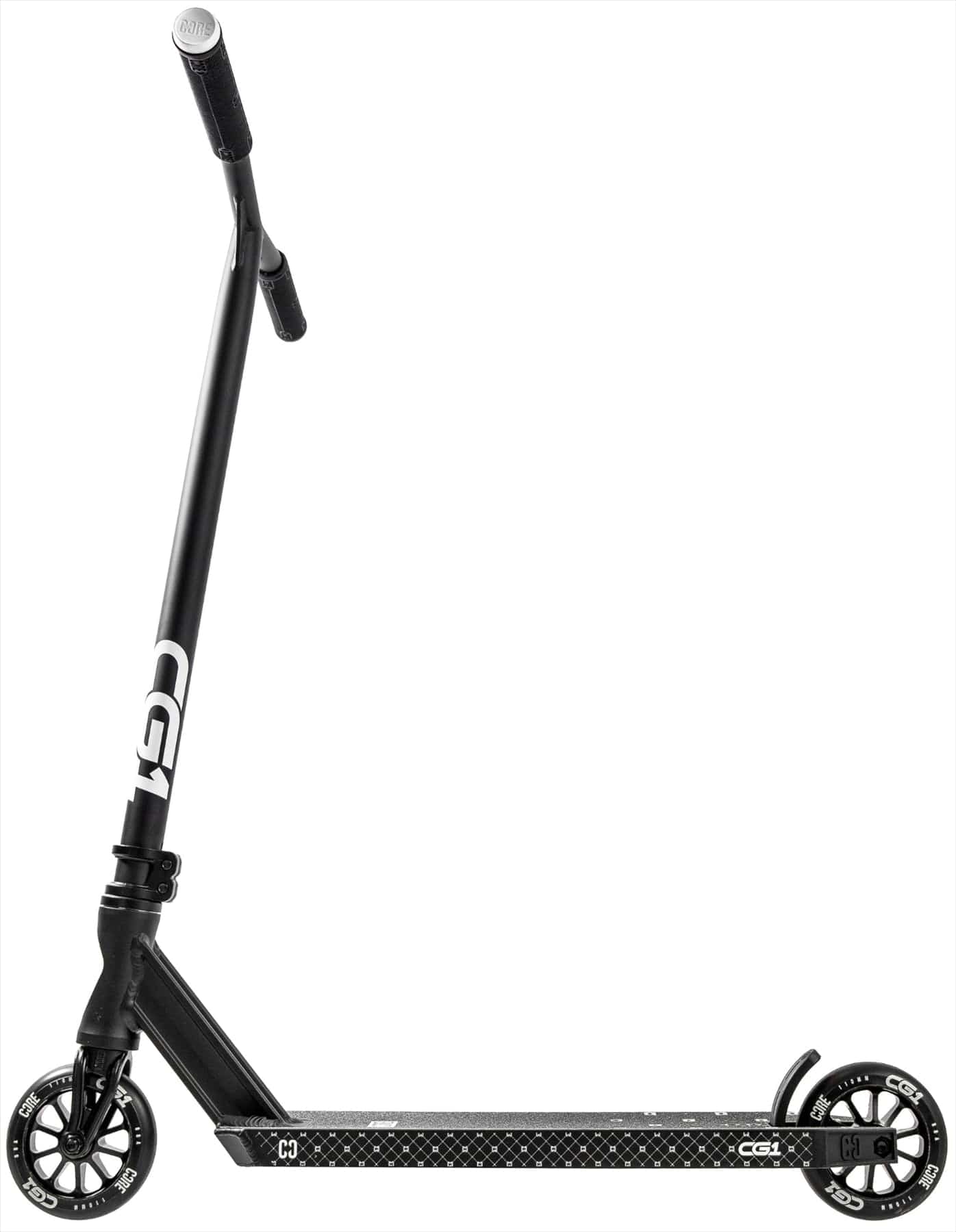 The CORE CG1 Complete Stunt Scooter by CORE, in black, features a T-bar handle, small spoked wheels, and a low textured deck, displayed on a white background.