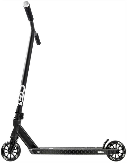 The CORE CG1 Complete Stunt Scooter by CORE, in black, features a T-bar handle, small spoked wheels, and a low textured deck, displayed on a white background.