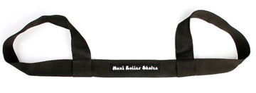 Close-up of the Moxi Roller Skate Leash - Black, a black nylon skate accessory by Moxi featuring two loops on each end and "Moxi Roller Skates" embroidered in white on the strap.