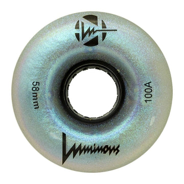 Discover the enchanting allure of Luminous LED Wheels. This detailed view showcases a metallic iridescent quad roller skate wheel, expertly crafted from premium urethane, boasting a 58mm diameter and 100A hardness. The shimmering surface dazzles with an array of colors and its circular hollow core promises seamless skating adventures.
