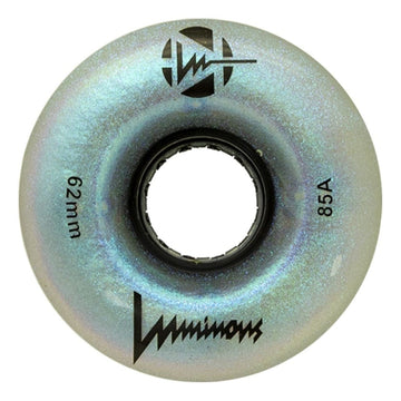 The Luminous LED 85A Quad Roller Skate Wheels in Black Pearl (62mm) feature the Luminous logo, "62mm," and "85A durometer" text, plus a central hole and prominent branding—an excellent choice for standout quality from Luminous.