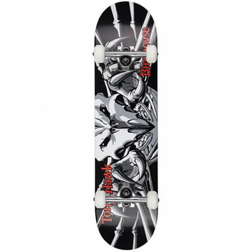 The Birdhouse Falcon 3 Black Complete Skateboard (7.75" x 31") is perfect for beginners, featuring a bold black and white skull and crossbones design along with the iconic "Tony Hawk" and "Birdhouse" logos. It also includes sleek white wheels, combining style with performance for an impressive entry-level skateboard experience.