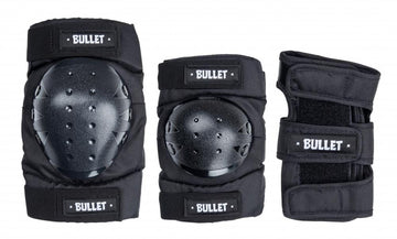 Introducing the Bullet Adult Triple Skate Protection Pad Set in Black, designed specifically for adults. This set includes knee pads and a wrist guard, each constructed from abrasion-resistant Cordura fabric and cushioned with EVA foam padding for enhanced comfort and durability.