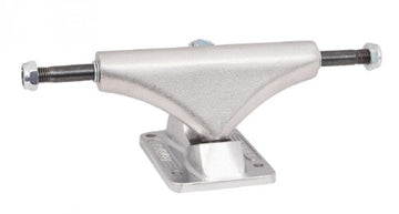 The Bullet Silver Skateboard Trucks (Pair) - 130mm, by Bullet, showcase a sleek design with a durable baseplate and two axle ends for wheel attachment, displayed on a plain white background.