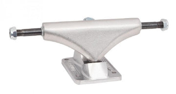 The Bullet Silver Skateboard Trucks, sold as a pair and measuring 150mm, feature black axles and mounting holes. The durable baseplate is engraved with text and designed to fit seamlessly onto a skateboard deck. Ideal for individuals looking for low-profile skateboard trucks that combine performance with style.