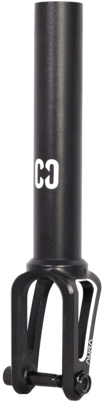 Upgrade your scooter with the CORE Aura SCS/HIC Stunt Scooter Forks in Black by CORE, made from durable 7075 Aluminium and featuring white “CG” and “AURA” print—ideal for performance and style.