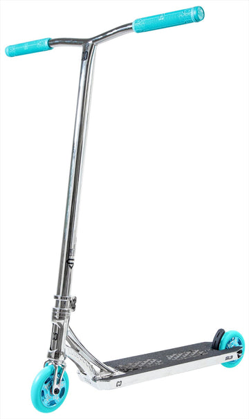 The CORE SL3 Complete Stunt Scooter by CORE features teal handle grips and wheels, a black grip tape deck, and a chrome finish. Shown angled on a white background, it’s ready for skatepark action.