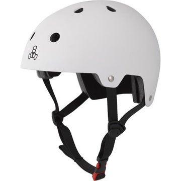 The Triple 8 Dual Certified Skate/Scooter Helmet in white has air vents, a black adjustable chin strap, and a simple side logo with three overlapping circles. It features Sweatsaver Fit Pads for enhanced comfort.
