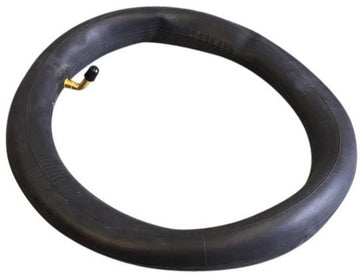 The Revvi Electric Bike Replacement Inner Tube - 12", by Revvi, is a black rubber inner tube with a brass valve stem, ideal for Revvi electric bikes or motorcycles, displayed on a white background.