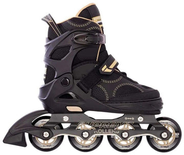 The Supreme Venice Adjustable Kids Inline Skates in black and gold feature four wheels, a hard plastic frame, adjustable buckles, and breathable mesh fabric. Shown from the side on a white background. Adjustable sizing suits beginners.