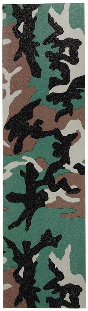 The Enuff 9" Skateboard Griptape - Camo by Enuff features a forest-inspired camouflage pattern with green, brown, black, and tan shades. Its irregular shapes and speckled textures provide excellent grip and durability.