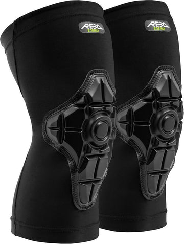 A pair of REKD Energy Knee Skate Protection Gaskets in black, featuring hard geometric shells, Energy Foam for superior impact protection, and REKD branding—ideal for knee skate protection.