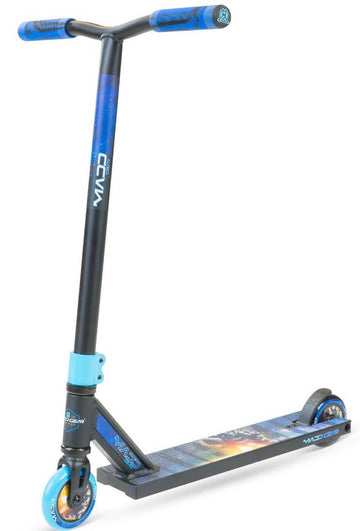The Madd Gear MG 2 Obsidian Complete Stunt Scooter – Horizon is a sturdy scooter for kids, featuring blue grips, a T-bar handle, graphic deck, and two small wheels—ideal as their first pro stunt scooter.