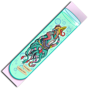 A vibrant griptape from Chubby, the Stunt Scooter Griptape - Chicken Lab showcases an imaginative design with a hybrid creature featuring a bird's head and octopus tentacles, surrounded by bubbles. This colorful and fantasy-inspired accessory enhances your style for skatepark adventures.