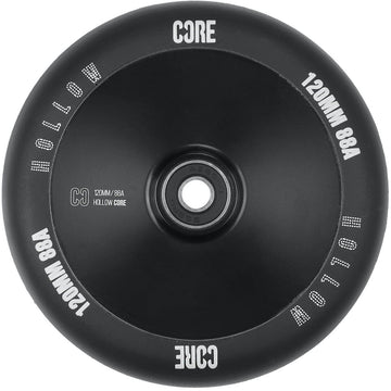 Introducing the CORE Hollow Core V2 120mm Stunt Scooter Wheel in Black. This black rubber wheel prominently features the "Core" and "Hollow" text in crisp white, measures 120mm with a hardness of 88A, includes ABEC-9 bearings, and highlights its "Hollow Core" design at the center for a smooth and reliable ride.