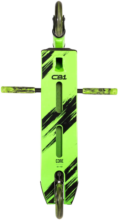 Top-down view of the CORE CB1 Beginner Complete Stunt Scooter by CORE in black and green, featuring two wheels and horizontally extended handlebars. The deck displays "CB1" and "CORE" in black text, making it an ideal stunt scooter for beginners.