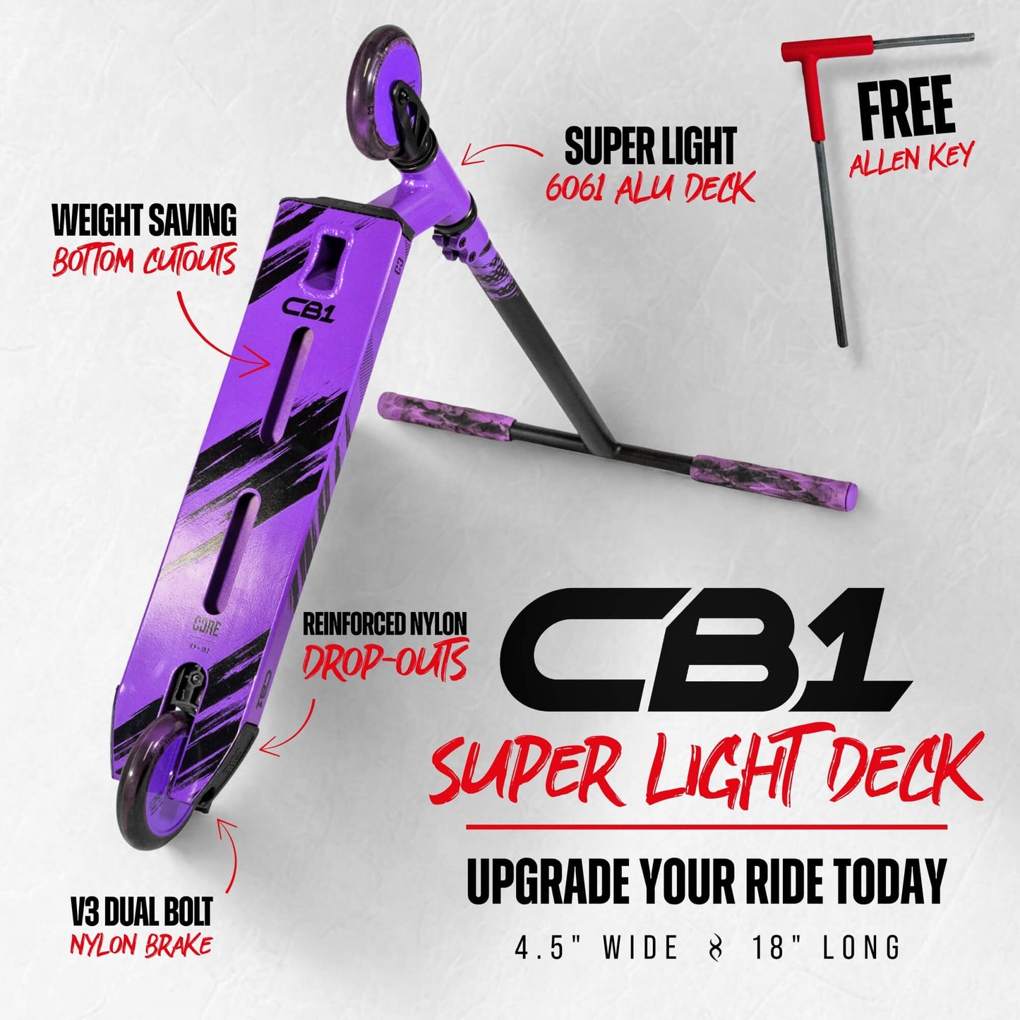 Introducing the CORE CB1 Beginner Complete Stunt Scooter in Black/Purple by CORE—a perfect choice for kids and new riders looking to start learning tricks. This lightweight scooter features a super light 6061 aluminum deck with weight-saving bottom cutouts, reinforced nylon drop-outs, a V3 dual bolt nylon brake, and comes complete with a free Allen key for easy setup.