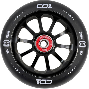 The CORE CD1 110mm Stunt Scooter Wheel - Black features a black and silver finish, red core, white "CD1" and "CORE HARDWARE" text, and multiple spokes—an eye-catching design from CORE.