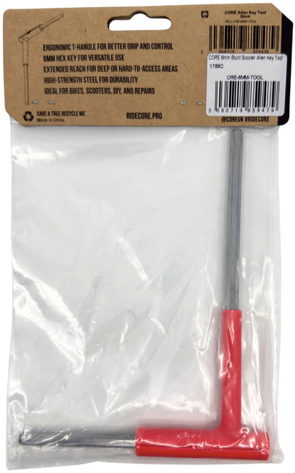 The CORE Hench Wrench 6mm Stunt Scooter Allen Key by CORE features a red grip, is packaged in a clear plastic bag with a brown cardboard label detailing its use for bikes, scooters, and DIY repairs.