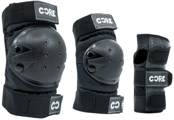 The CORE Junior Triple Skate Protection Pad Set in Black/Grey includes two padded knee/elbow pads and a wrist guard with CORE branding, providing essential safety for young riders or skaters.