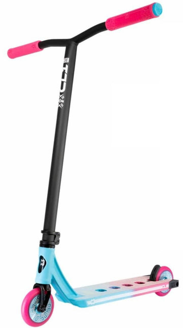 Introducing the CORE CL1 Complete Stunt Scooter - Pink / Teal by CORE, a vibrant trick scooter with a modern and sporty design. It features a black handlebar paired with pink grips and eye-catching pink and blue wheels. The white deck is adorned with stylish blue and pink accents, making it perfect for stunts. Equipped with premium aftermarket parts, this scooter ensures enhanced performance.