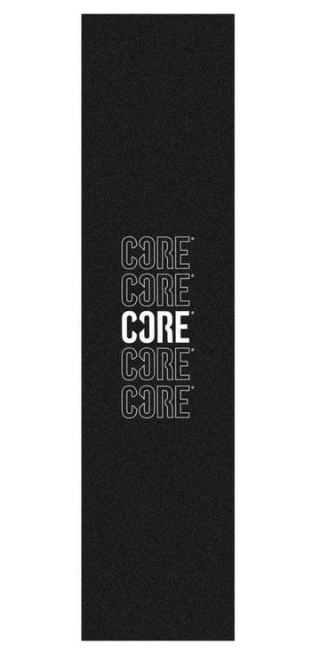 On a black backdrop, the text "CORE" is displayed five times vertically in bold white capital letters with differing thickness and transparency, reminiscent of visually striking graphics akin to those on the CORE Stunt Scooter Griptape - Echo.
