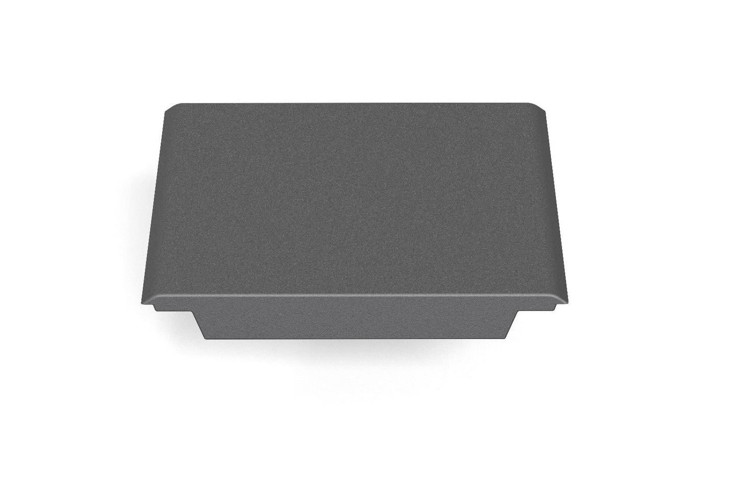 A dark gray, square plastic end cap with rounded edges for the CORE Mini Funbox Ramp Set - 2 Kickers & Flat Deck by CORE, perfect for skatepark ramps. Shown on a white background.