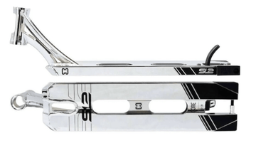 Two CORE SL2 Forged Chrome Stunt Scooter Decks measuring 5" x 20", featuring black accents and logos from the brand CORE. The top deck is displayed from an angled side perspective, emphasizing its sleek design and forged headtube, while the bottom deck is shown from above to highlight its cutout details and rear loop.