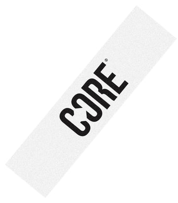 The product is a white rectangular card featuring the brand name "CORE" in bold, black capital letters at an angle, echoing the sleek designs of the CORE Classic Stunt Scooter Griptape.