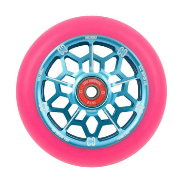 The CORE Hex Hollow Core 110mm Stunt Scooter Wheel in vibrant pink and blue features a web design with blue metallic spokes and an 88a compound for superior grip. The red central hub is detailed with text and logos, while the ABEC 9 bearings ensure a smooth ride. Its Hex Hollow Core enhances performance on any stunt scooter.