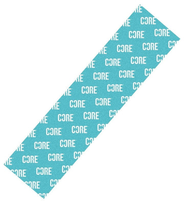 Introducing the CORE Classic Stunt Scooter Griptape in a striking teal shade, featuring the "CORE" logo printed repeatedly in white. This griptape offers a sleek design perfect for personalizing your Stunt Scooter with the distinctive style of CORE Classic Griptapes.