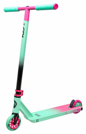 Introducing the CORE CD1 Complete Stunt Scooter by CORE, designed in a chic teal and pink gradient. This scooter is equipped with a durable black and pink eco-friendly handlebar, vibrant pink wheels, and a sleek teal deck. It's the perfect choice for beginner riders who prioritize both performance and style.