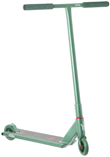 The Aztek Architect 2 Complete Stunt Scooter in Sage Green features a wide handlebar, black grip tape, and two small green wheels—ideal for street tricks and freestyle riding. The Aztek brand name is displayed on the front.