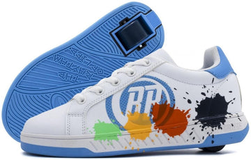 Breezy Rollers Splash Shoes - White / Light Blue by Breezy Rollers feature vibrant paint splatter, blue soles and heels, and a patented wheel system in the sole—perfect stylish shoes for skating.