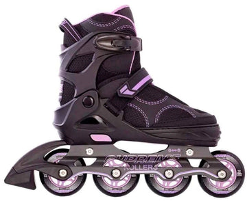 The Supreme Venice Adjustable Kids Inline Skates in Black/Purple feature four wheels, adjustable straps, and detailed stitching—a comfortable semi-soft boot for beginners, shown in a side view against a white background.
