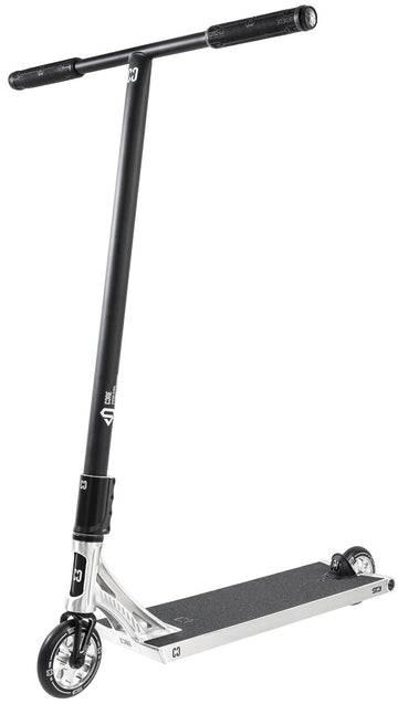 The CORE ST3 Complete Stunt Scooter by CORE features a polished finish, T-shaped handlebar with black grips, small black wheels, and pro-grade components, shown against a white background.